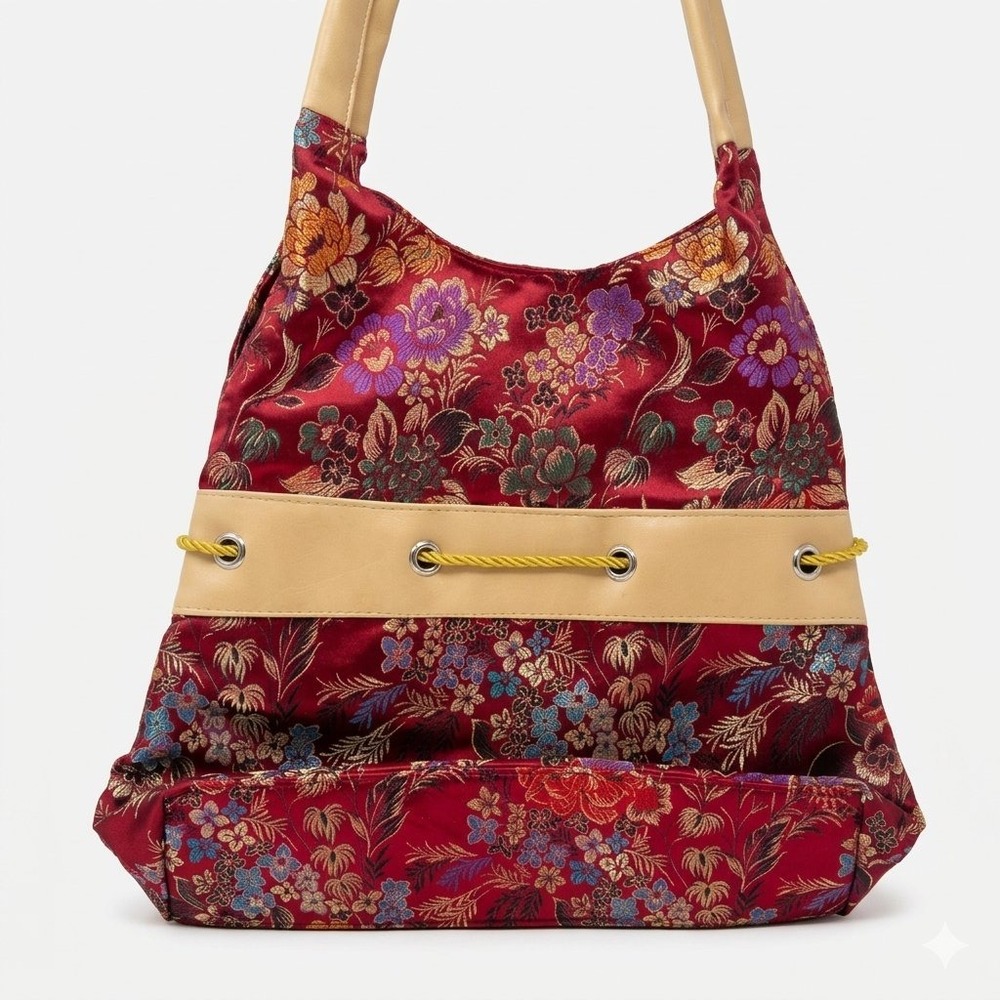 Y2K Red Silk Brocade Vintage Handbag Woven Floral Satin Drawstring Hobo Purse